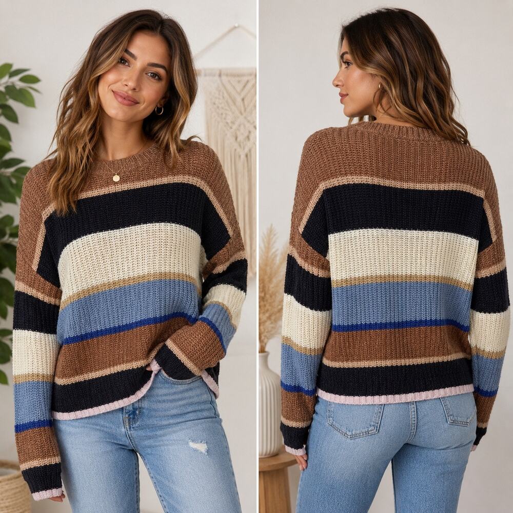American Eagle Chunky Knit Striped Sweater Blue Brown Cream Women’s Medium Cozy